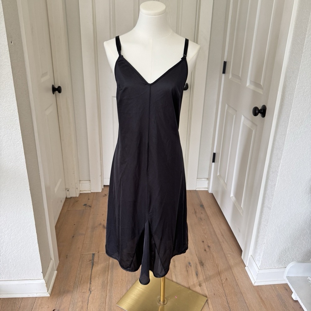 Vintage Black 100% Nylon midi Slip Dress Gown Semi-Sheer Fairy 90s Y2K Size 38/M